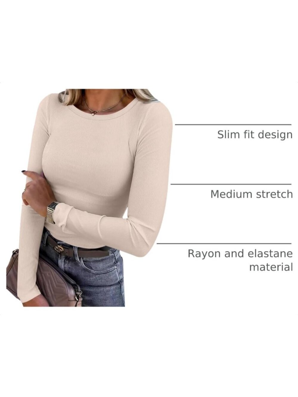 Women's Cream Ribbed Plain Hem Round Neck Long Sleeve Classic Slim Fit Tee Top - Picture 4 of 6